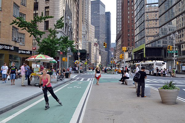NYC streetscape with focus on a bikelane