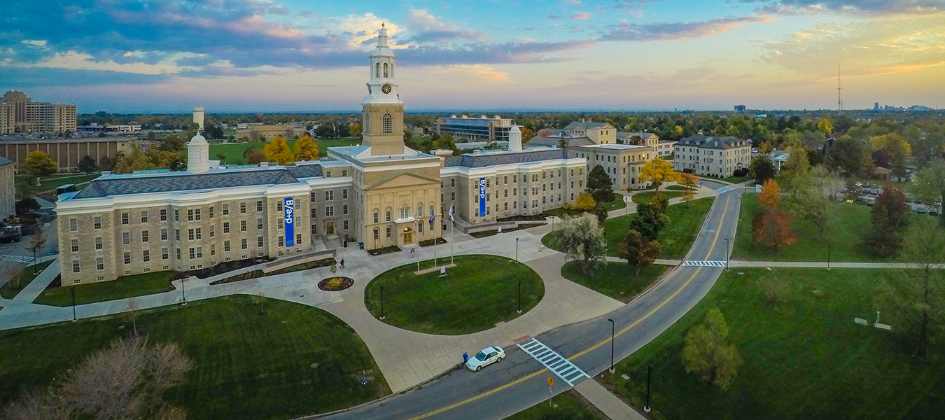 Aerial shot of Hayes Hall showing front entrance