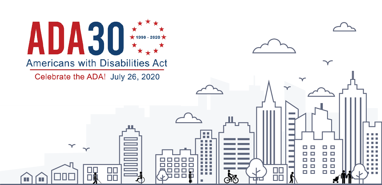 ADA 30th anniversary logo next a drawing of a city scape with people of different abilities